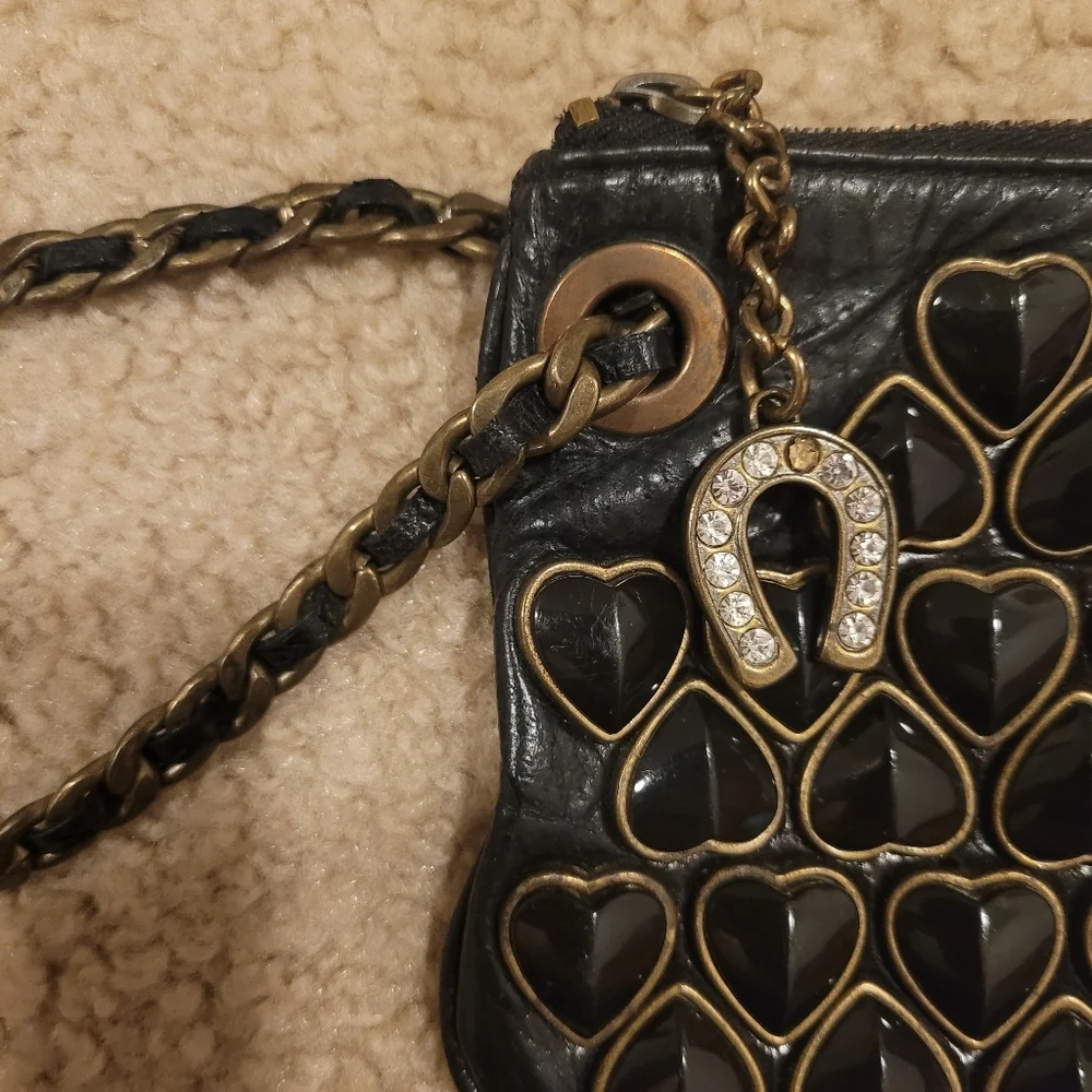 Rare Betsy Johnson Studded Black Heart Leather Clutch Chain‎ and Leather Strap